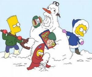 пазл Барт, Лиза и Мэгги сделать снеговика